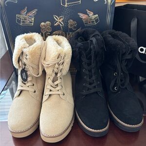 Style & Co. Fur-Trim Lace-Up Winter Boots - Beige and Black